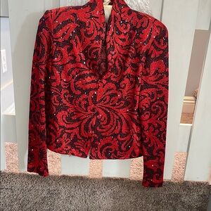 St. John Red and Black Graphic Long Sleeve Evening Formal Cardigan